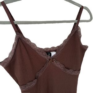 H&M Y2K Brown‎ Lace Trim Ribbed Coquette Fitted Bodycon Slip Mini Dress Medium